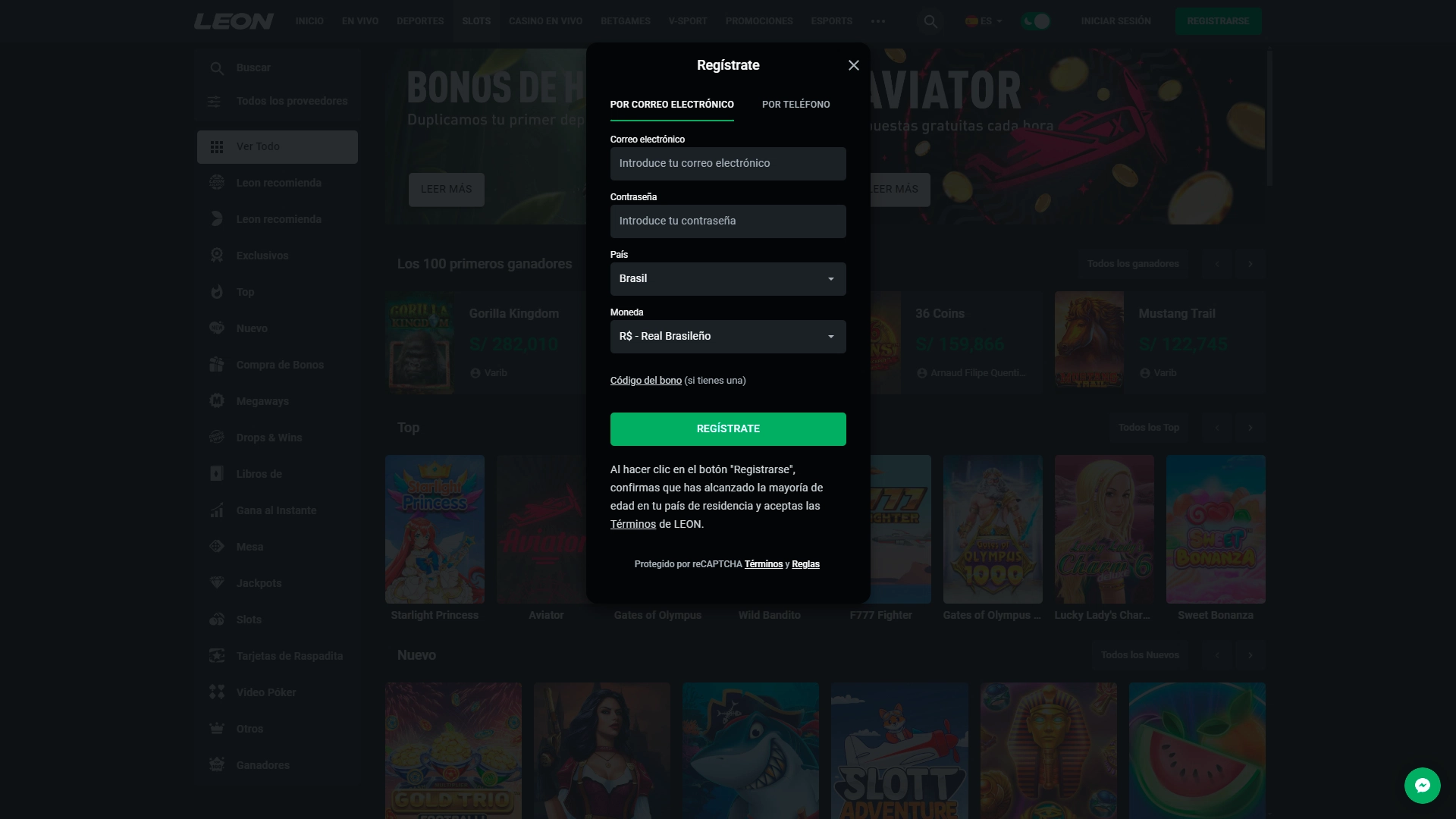 captura de pantalla registrate Leonbet