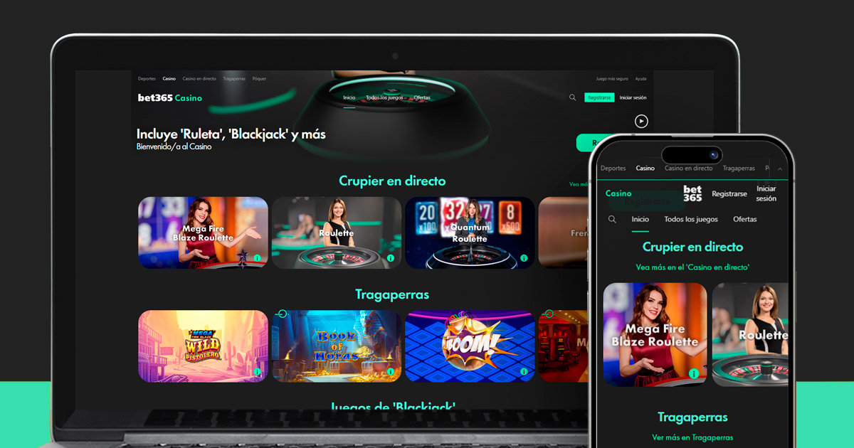 La imagen muestra el portátil y el smartphone abiertos en el Casino Bet365