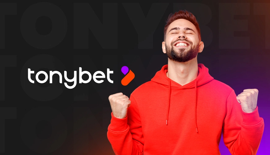 La imagen muestra a un hombre celebrando junto al logotipo de Tonybet