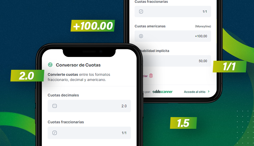 La imagen muestra teléfonos móviles abiertos en la calculadora de cuotas de apuestas - Convertidor