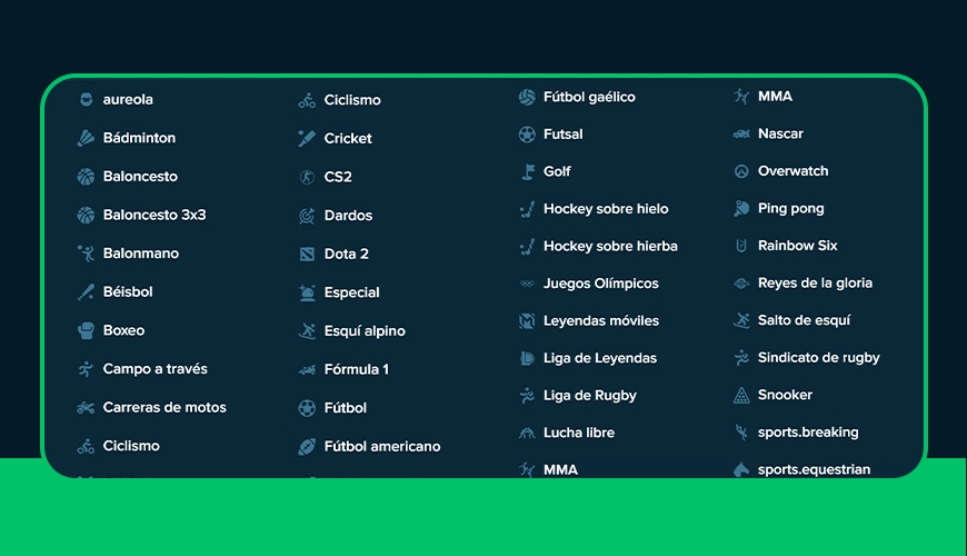 Imagen muestra la página de deportes y competiciones de Duelbits