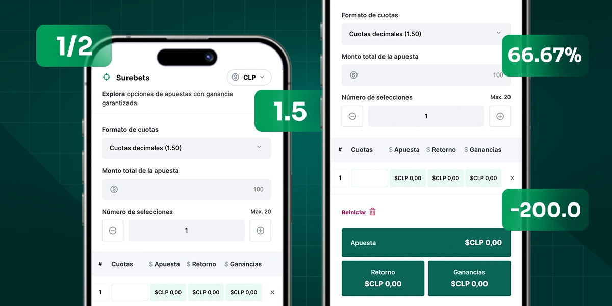 La imagen muestra teléfonos móviles abiertos en la calculadora de surebets o apuestas seguras