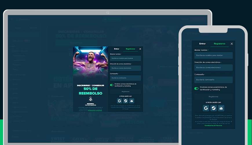 La imagen muestra un portátil y un smartphone abiertos en la página de registro de Duelbits