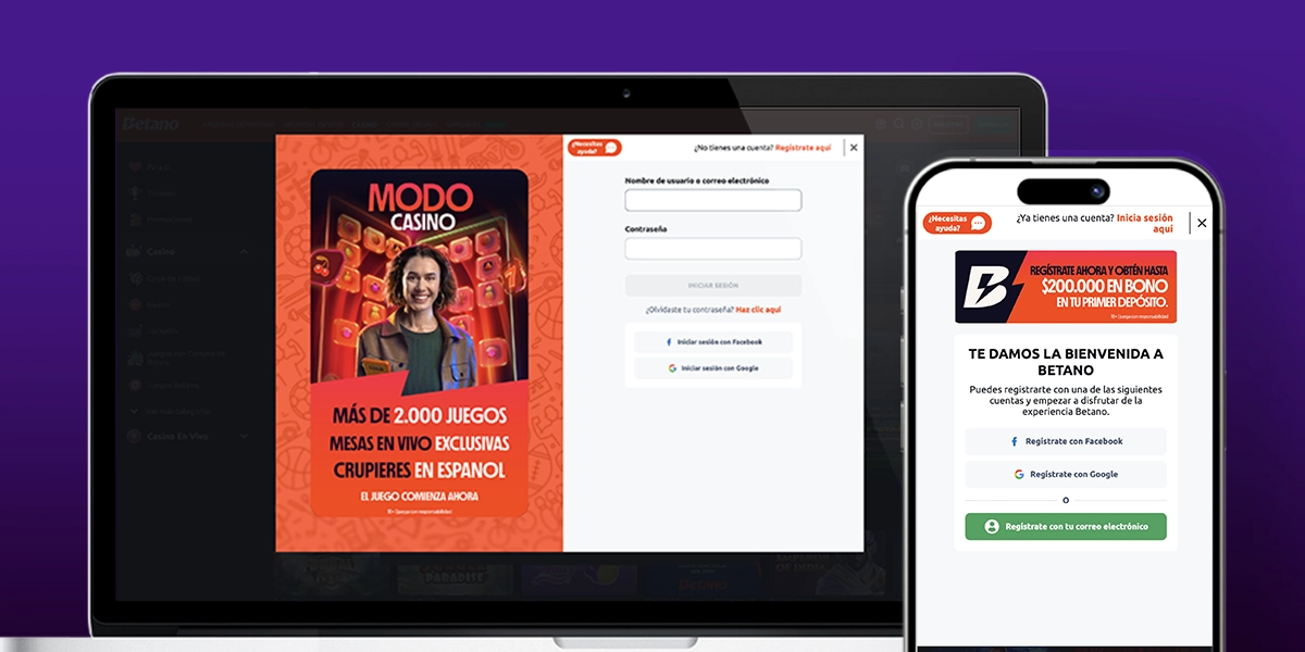 La imagen muestra una computadora portátil y un teléfono inteligente abiertos en la página de registro de Betano