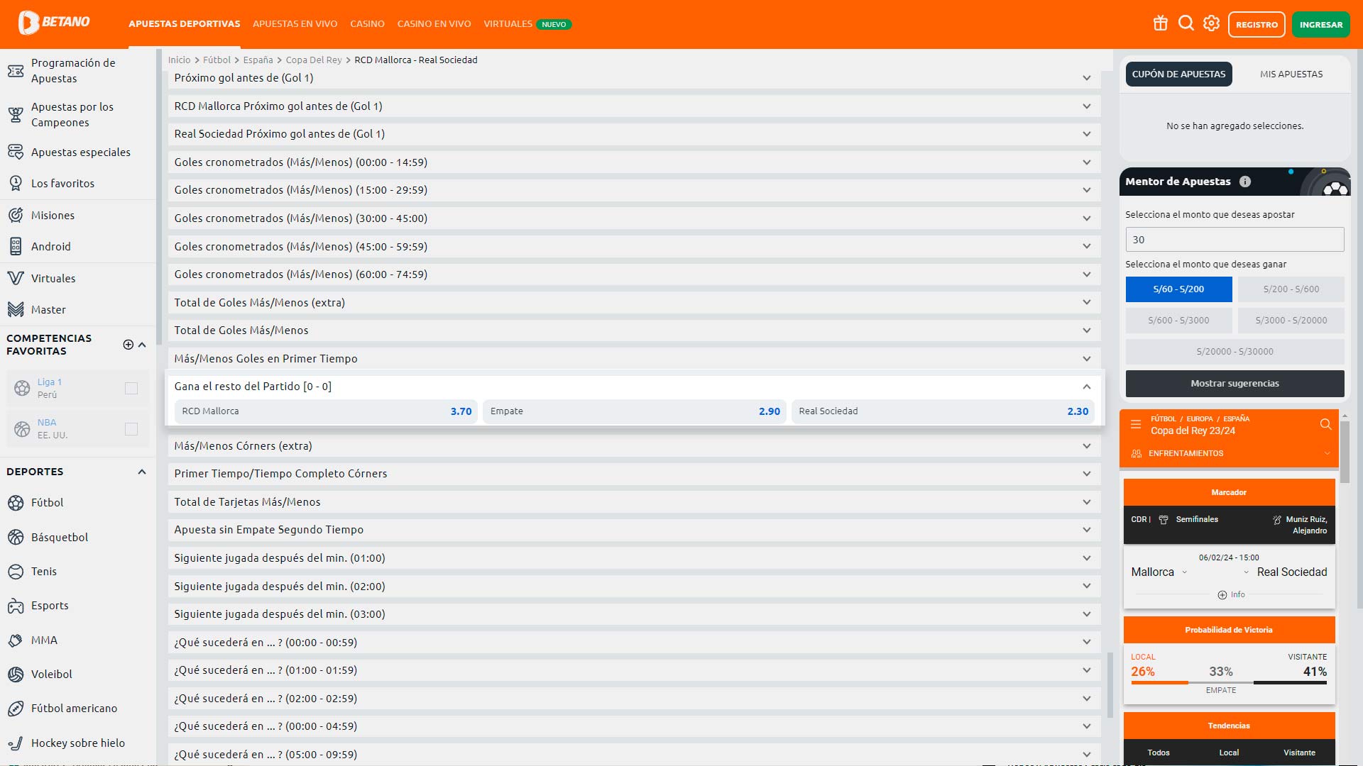 captura de pantalla de la página de apuestas de gana el resto del partido de Betano
