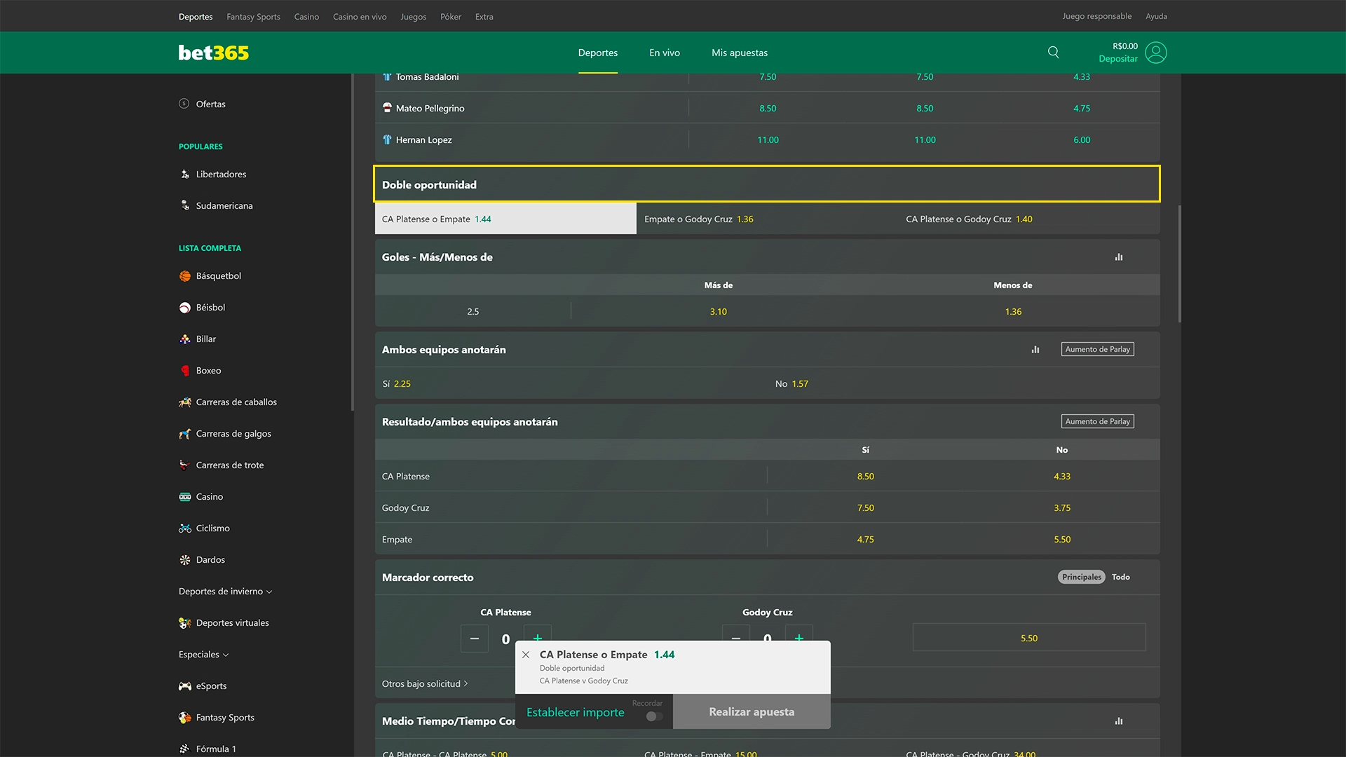 La impresión muestra la página de doble oportunidad de Bet365