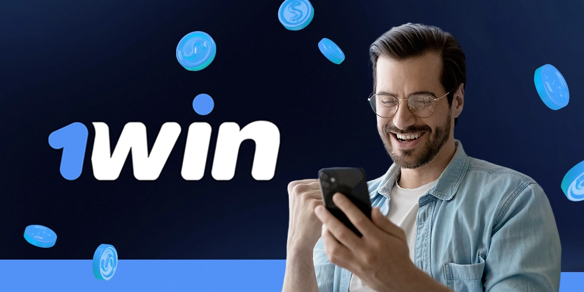 la imagen muestra a un hombre celebrando con un smartphone junto al logotipo de 1win