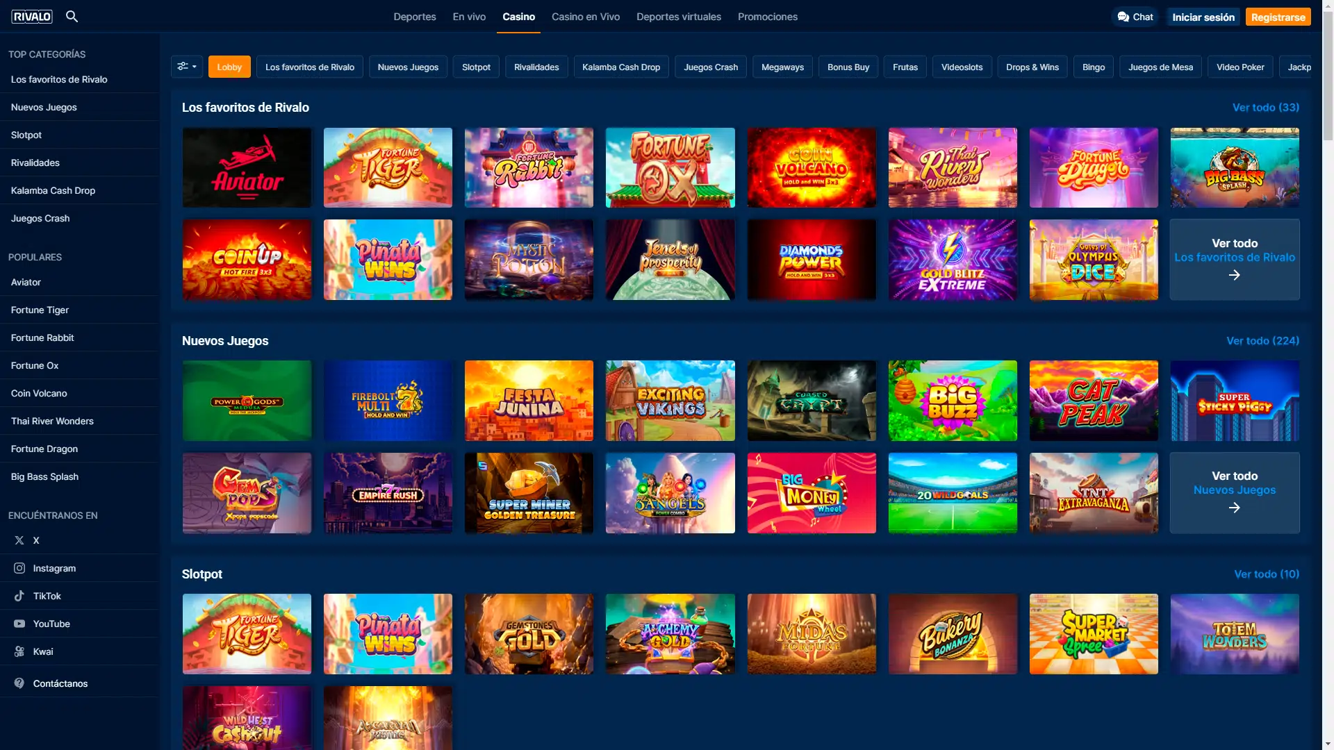 Captura de pantalla muestra la página de casino de Rivalo