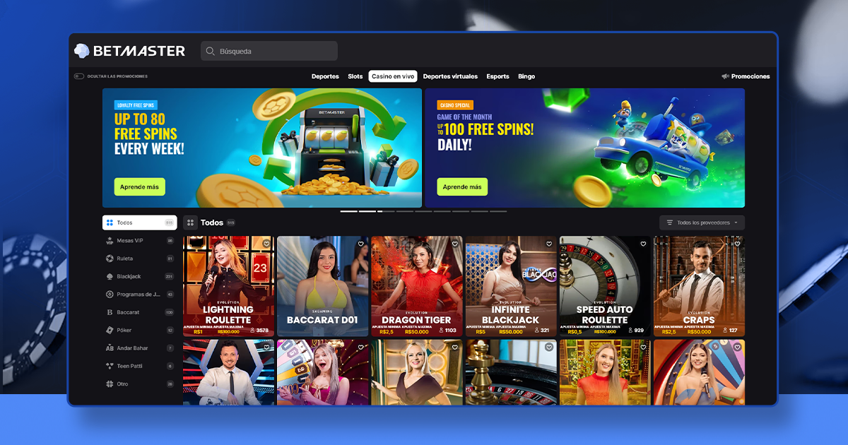 Captura de pantalla de la página del casino de Betmaster