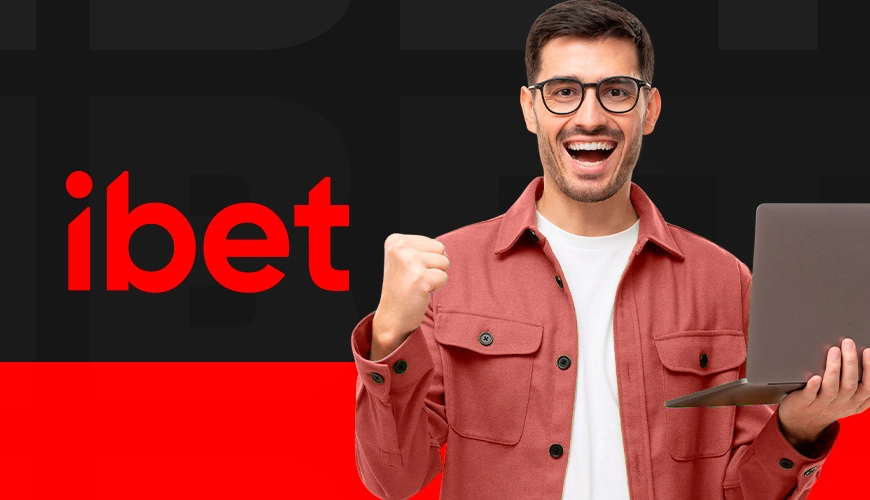 La imagen muestra a un hombre celebrando junto al logotipo de iBet