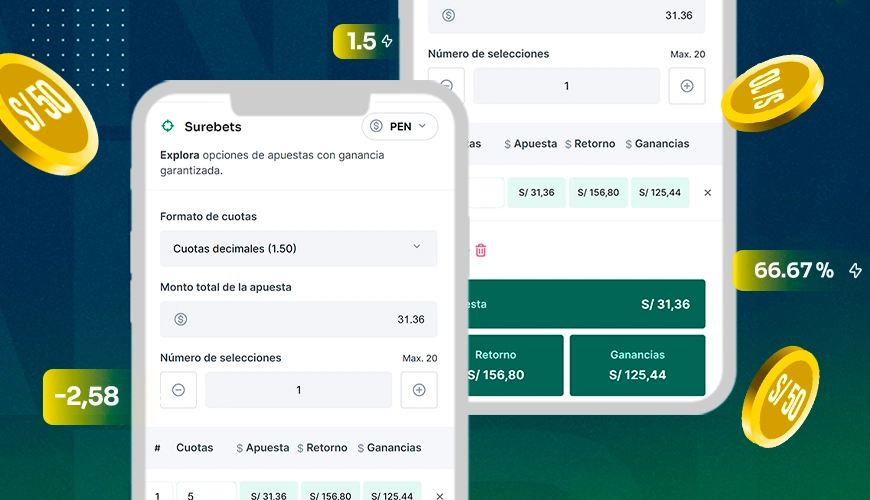 La imagen muestra teléfonos móviles abiertos en la calculadora de surebets o apuestas seguras