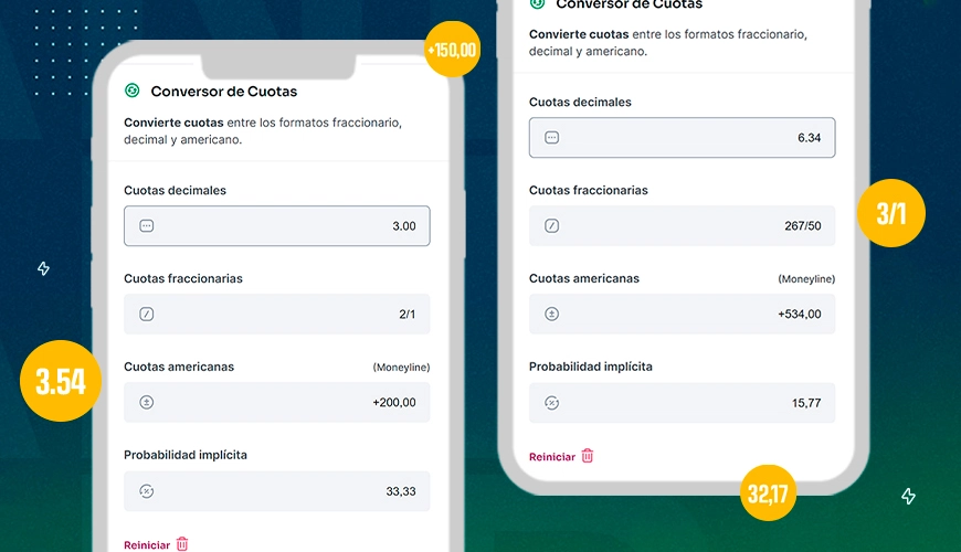 La imagen muestra teléfonos móviles abiertos en la calculadora de cuotas de apuestas - Convertidor