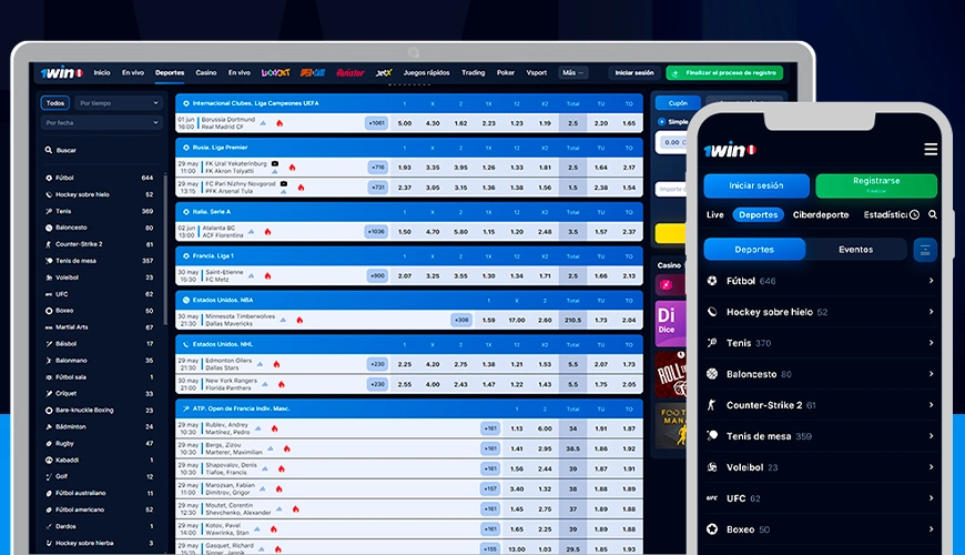 La imagen muestra un smartphone y un portátil abiertos en la página de deportes y competiciones de 1win