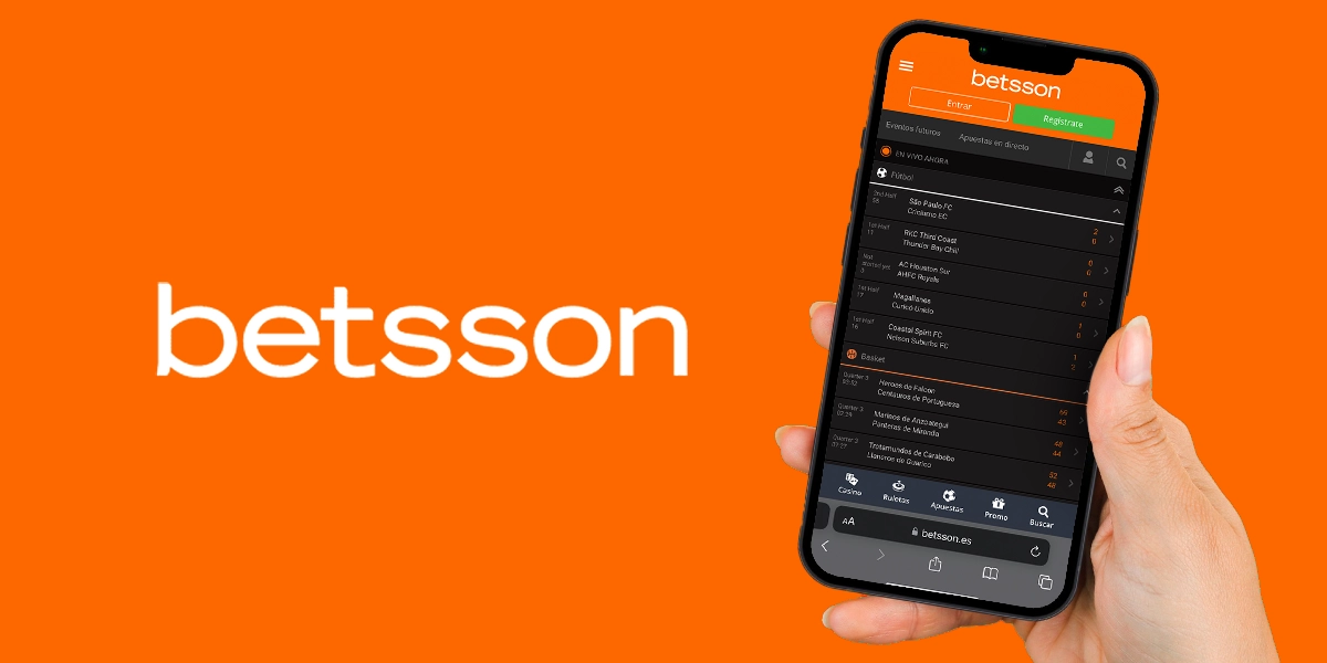 La imagen muestra una mano sosteniendo un smartphone abierto en la página de inicio de Betsson junto al logotipo de la casa