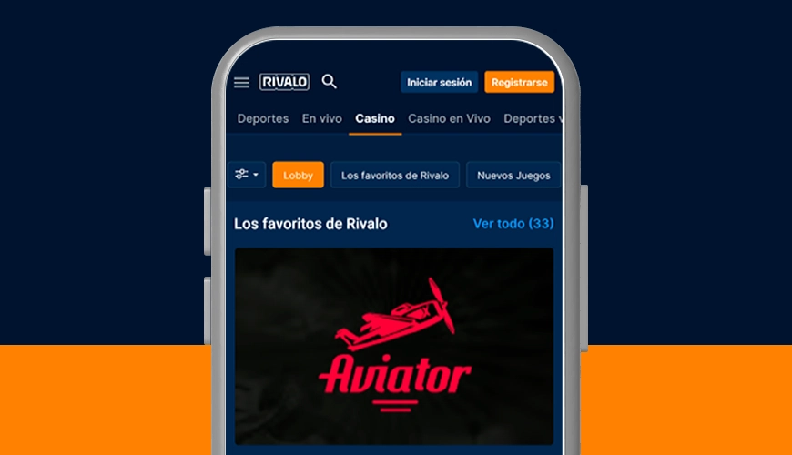 La imagen muestra el smartphone abierto en la página del juego Aviator en Rivalo