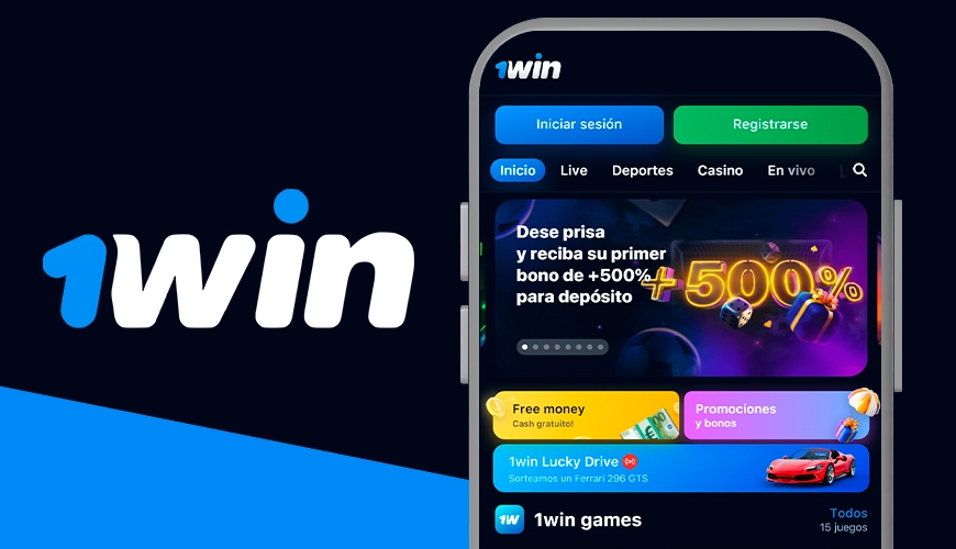 La imagen muestra el smartphone abierto en la página de 1win junto al logotipo de la casa