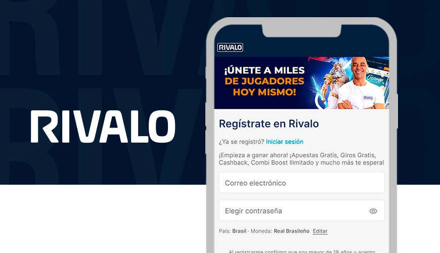 La imagen muestra el logotipo de Rivalo junto a un smartphone abierto en la página de registro de la casa de apuestas