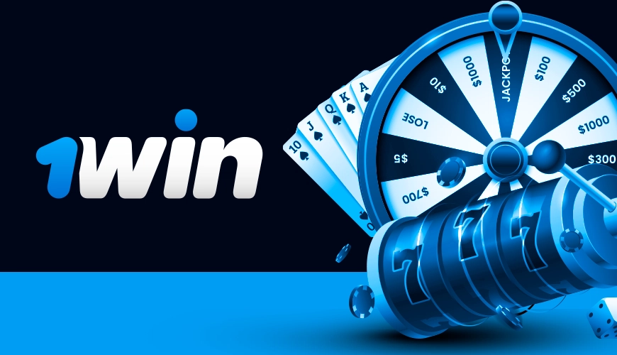 La imagen muestra el logotipo de 1win junto a ruletas y cartas