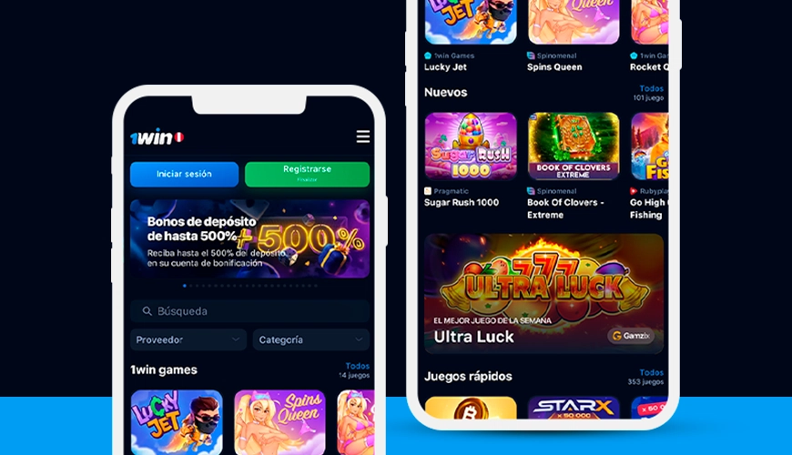 La imagen muestra los smartphones abiertos en la página del casino de 1win