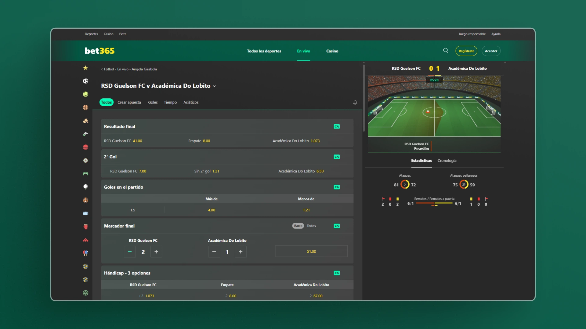 imagen mercados del partido en vivo bet365