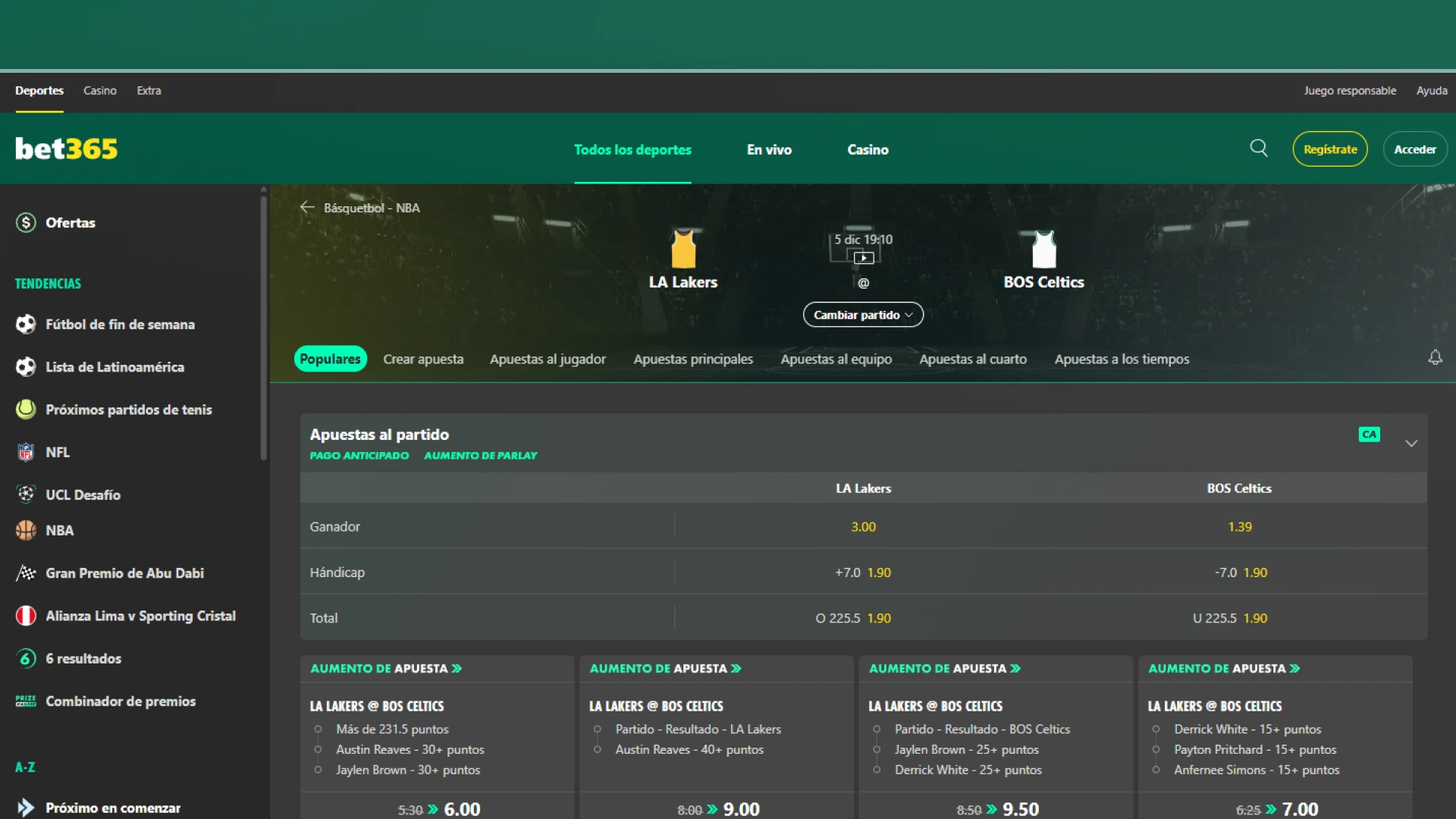 imagen mercados pre partido NBA bet365