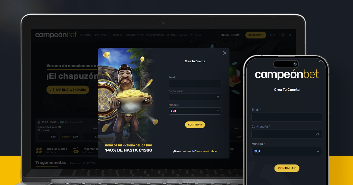 La imagen muestra un ordenador portátil y un teléfono móvil abiertos en la página de registro de Campeonbet