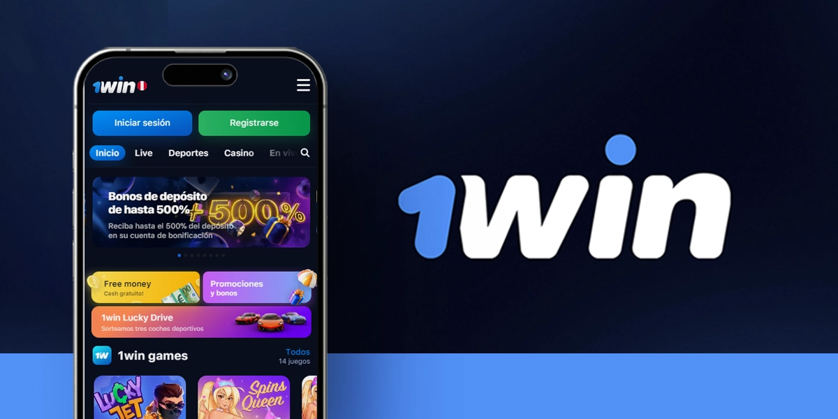 La imagen muestra el logotipo de 1win junto a un smartphone abierto en la página de registro de la casa de apuestas