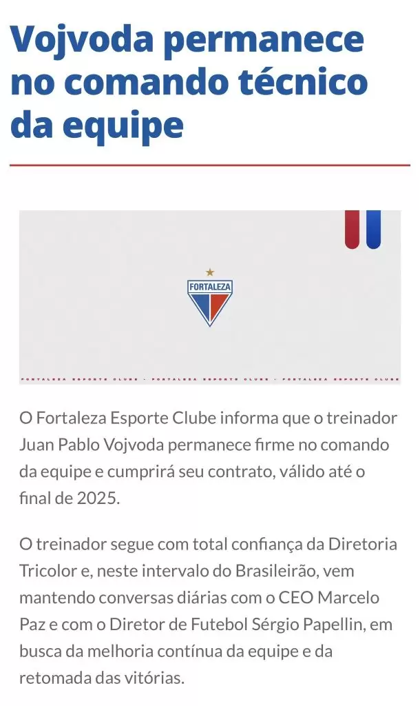 Nota oficial do Fortaleza sobre Vojvoda
