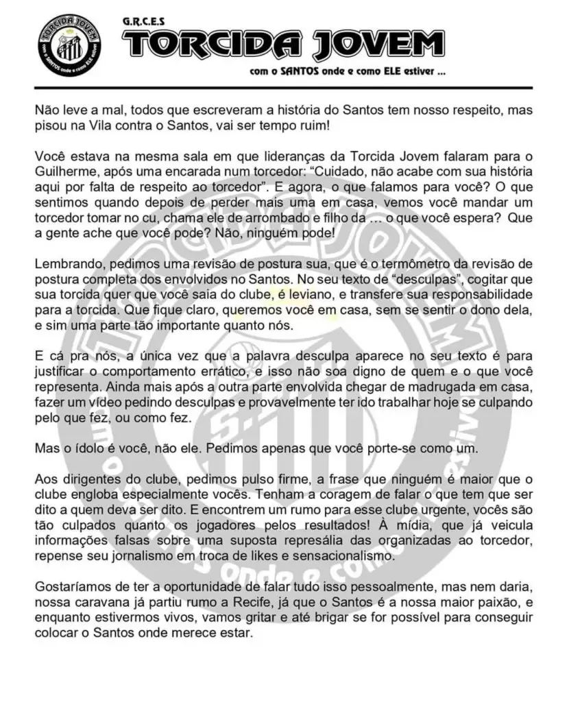 Torcida organizada do Santos cobra melhor postura de Neymar