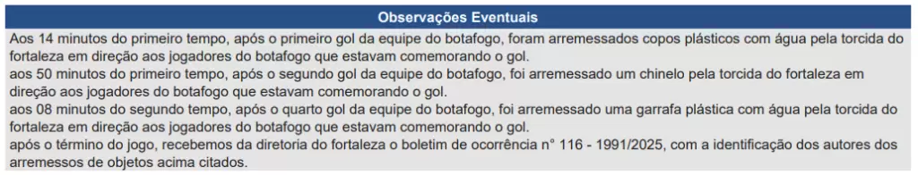 Súmula de Fortaleza x Botafogo, pela 19ª rodada do Brasileirão 2025