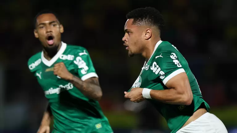 Allan e Vitor Roque, do Palmeiras, comemoram gol no Brasileirão 2025. Foto: Cesar Greco/Palmeiras