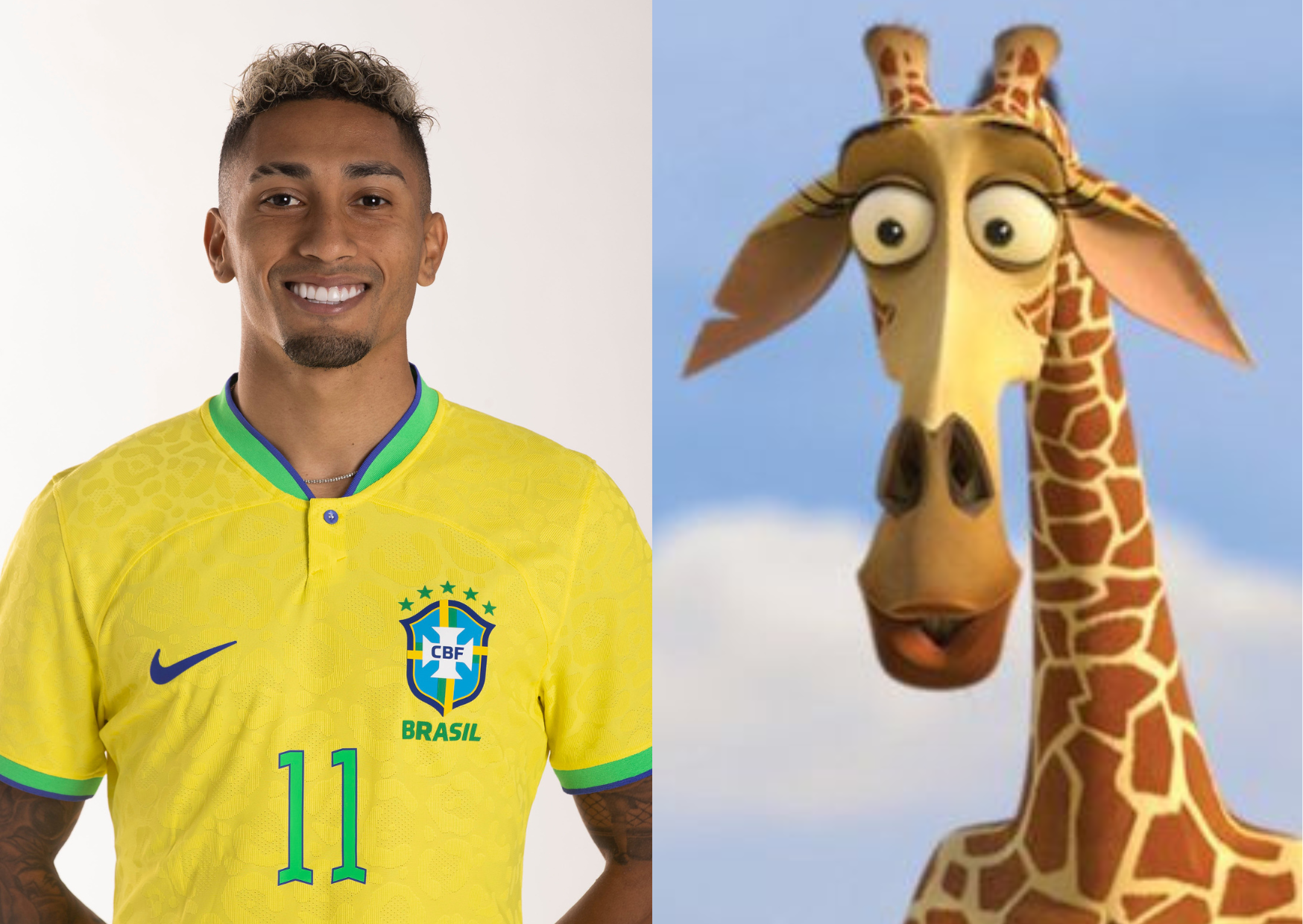 Raphinha foi comparado ao Melman, girafa dos filmes Madagascar. Foto: Lucas Figueiredo/CBF
