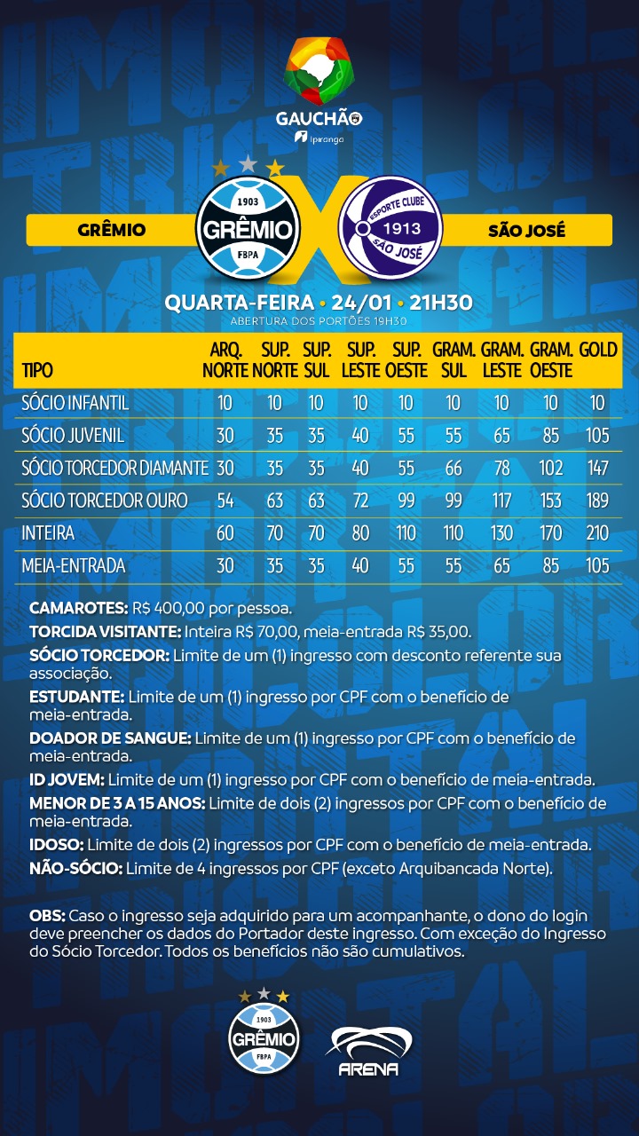 Valores dos ingressos para Grêmio x São José, pelo Gauchão 2024. Foto: Reprodução/Grêmio FBPA