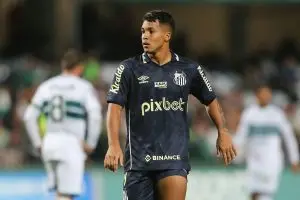 Centroavante Marcos Leonardo está em campo usando a camisa do Santos