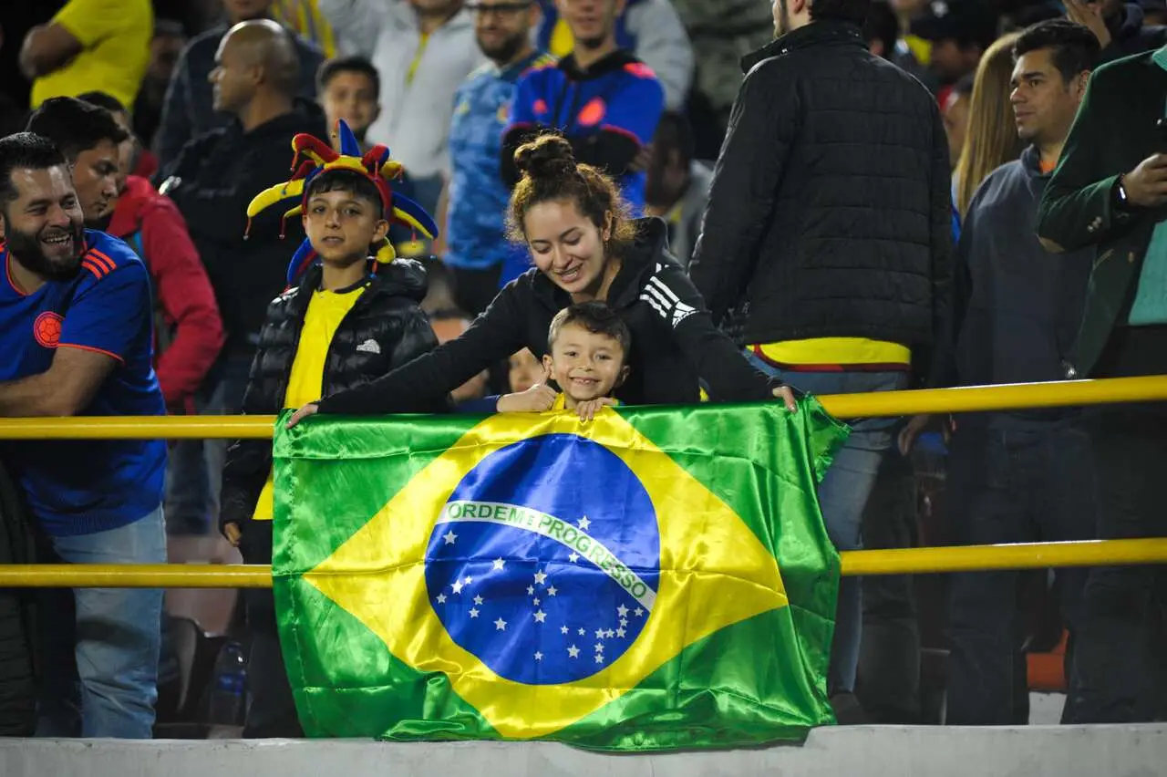 No centro da imagem está uma torcedora com uma criança, ambos segurando uma bandeira do Brasil