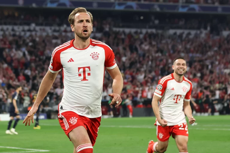 Harry Kane, do Bayern de Munique, na semifinal da Champions League 2023/24. Foto: diebilderwelt/Alamy Stock Photo