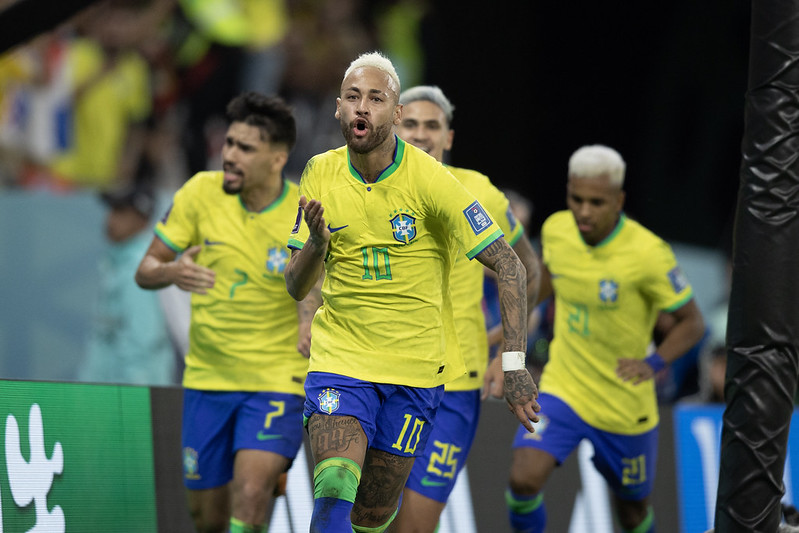 Neymar comemora gol sobre a Croácia nas quartas de final da Copa do Mundo do Qatar, em 2022. Foto: Lucas Figueiredo/CBF