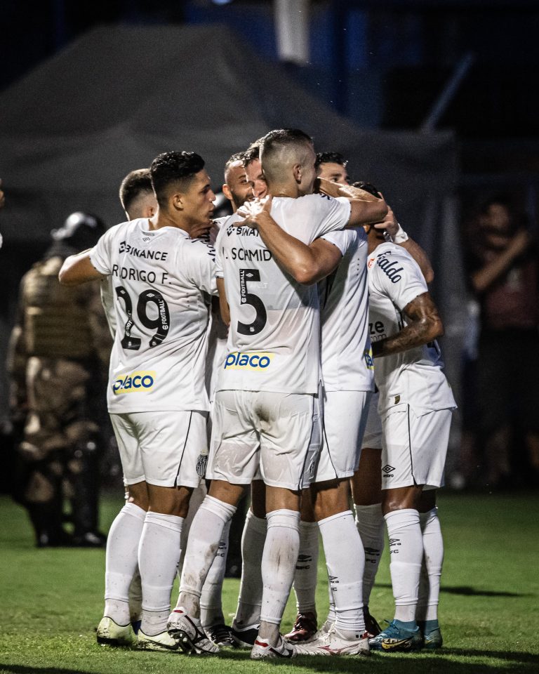 Jogadores do Santos comemoram gol contra o Avaí, pela Série B