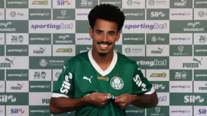 Lucas Evangelista, jogador do Palmeiras durante apresentação no clube. Foto: Cesar Greco/Palmeiras