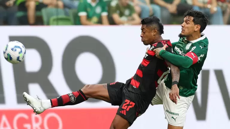 Bruno Henrique (Flamengo, à esquerda) e Gustavo Gómez (Palmeiras, à direita), brigam pela bola durante partida pelo Brasileirão 2025. Foto: Cesar 