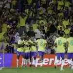 Jogadores do Brasil comemoram gol no jogo Brasil 3 x 0 Chile, pela 17ª rodada das Eliminatórias Sul-americanas, em 2025. Foto: @rafaelribeirorio/CBF