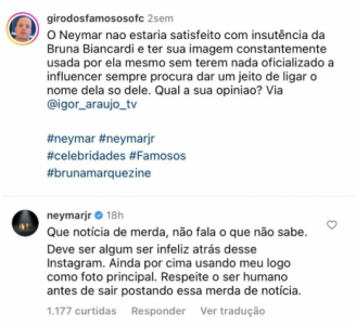 Neymar comenta publicação de portal de fofoca sobre o relacionamento dele com Bruna Bicardi (Foto: Reprodução/Instagram)