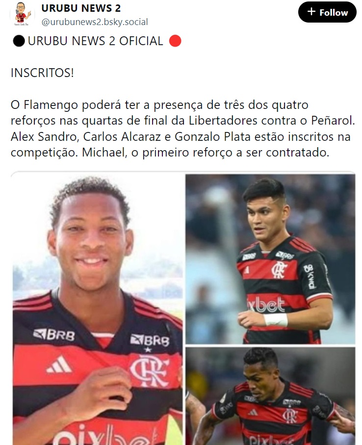 Alex Sandro, Carlos Alcaraz e Gonzalo Plata estão inscritos pelo Flamengo para a Libertadores