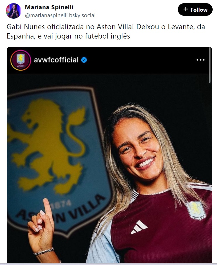 Aston Villa anuncia contratação de Gabi Nunes