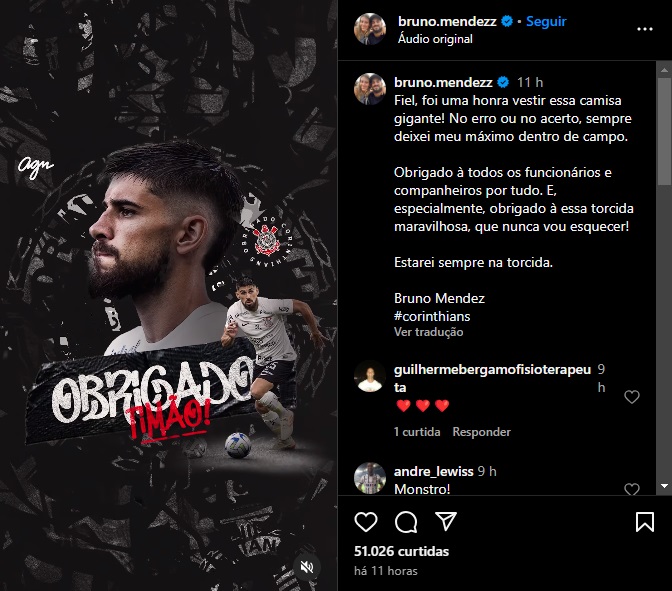Bruno Méndez se despede do Corinthians nas redes sociais