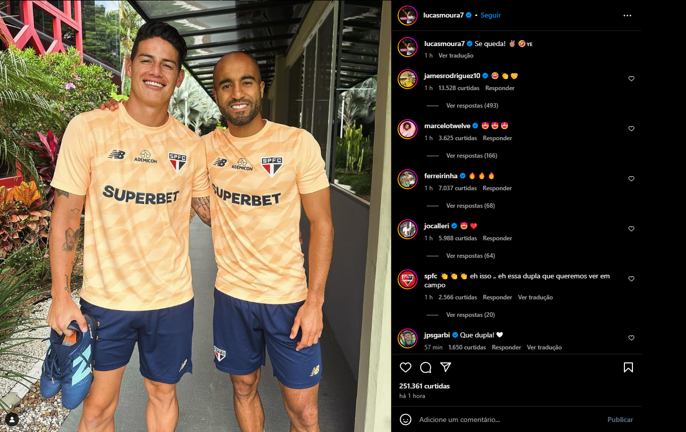 Lucas Moura posta foto ao lado de James Rodríguez — Foto: Reprodução / Instagram