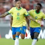 Seleção Brasileira comemorando gol - Vini Jr e Raphinha