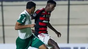 Jogadores de Flamengo e Palmeiras disputam a bola na Libertadores Sub-20