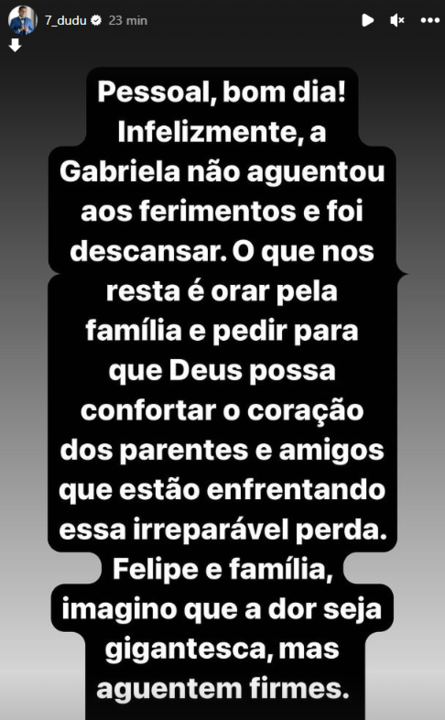 Dudu, do Palmeiras, se manifesta após morte de torcedora. Foto: Reprodução/Instagram