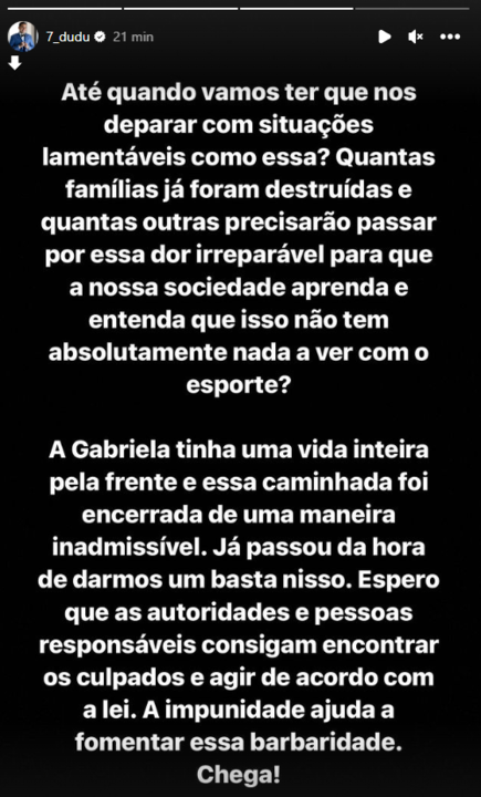 Dudu, do Palmeiras, se manifesta após morte de torcedora. Foto: Reprodução/Instagram